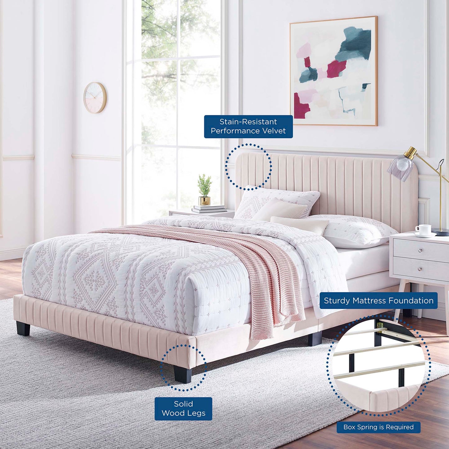 Cama tamaño queen con mechones de terciopelo de alto rendimiento Celine Channel de Modway