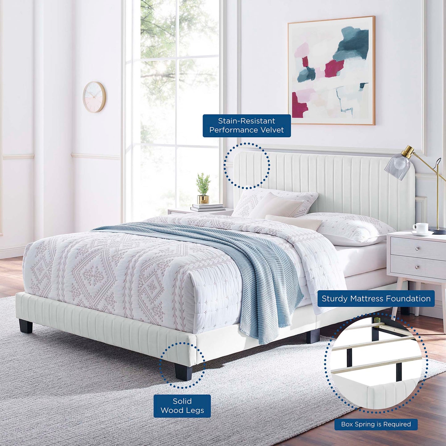 Cama tamaño queen con mechones de terciopelo de alto rendimiento Celine Channel de Modway