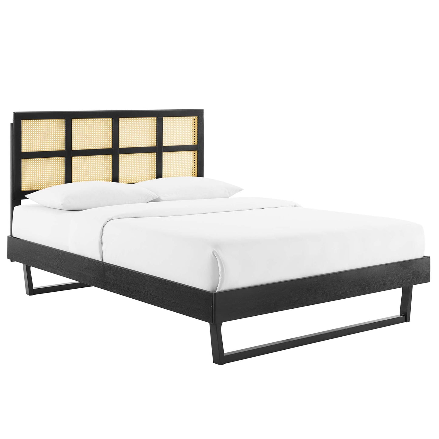 Sidney Cane and Wood Queen Platform Bed With Angular Legs