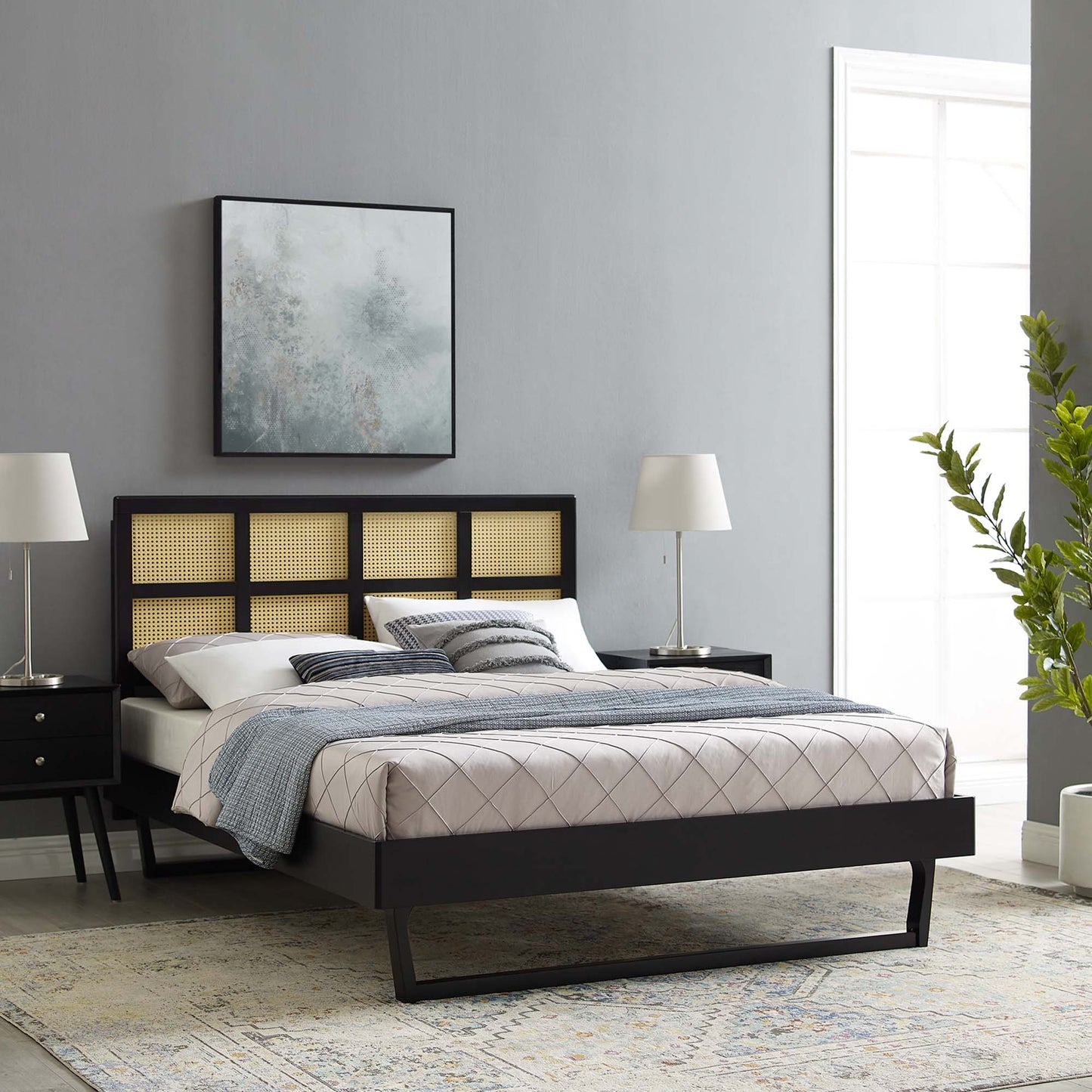 Sidney Cane and Wood Queen Platform Bed With Angular Legs