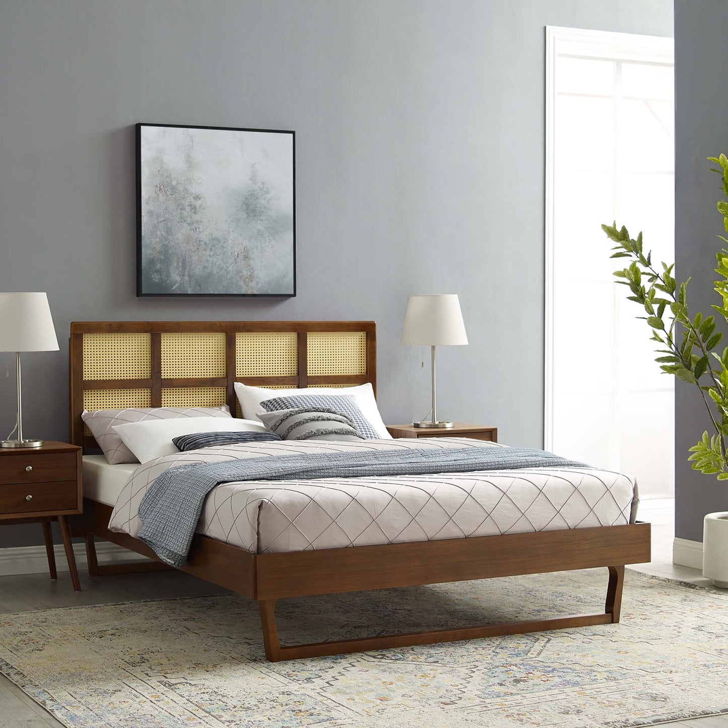 Sidney Cane and Wood Queen Platform Bed With Angular Legs