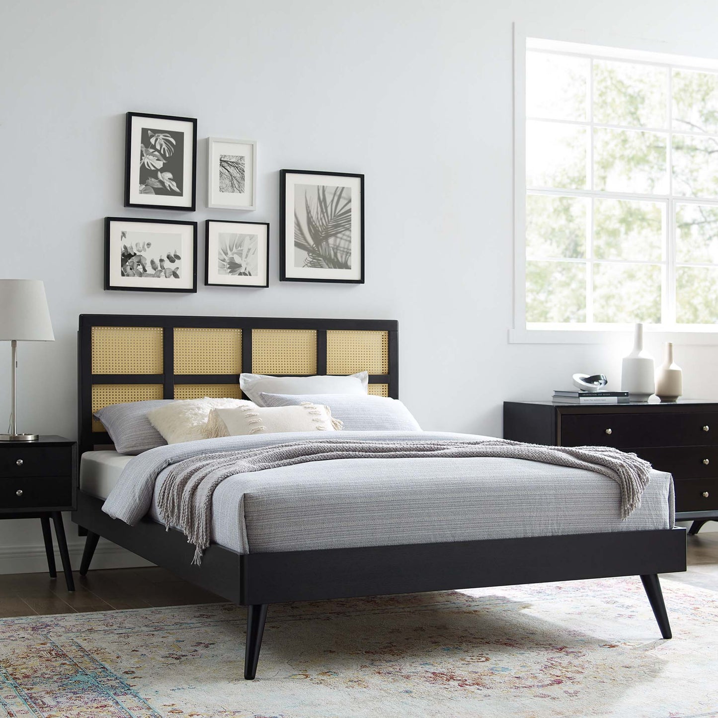 Sidney Cane and Wood Queen Platform Bed With Splayed Legs