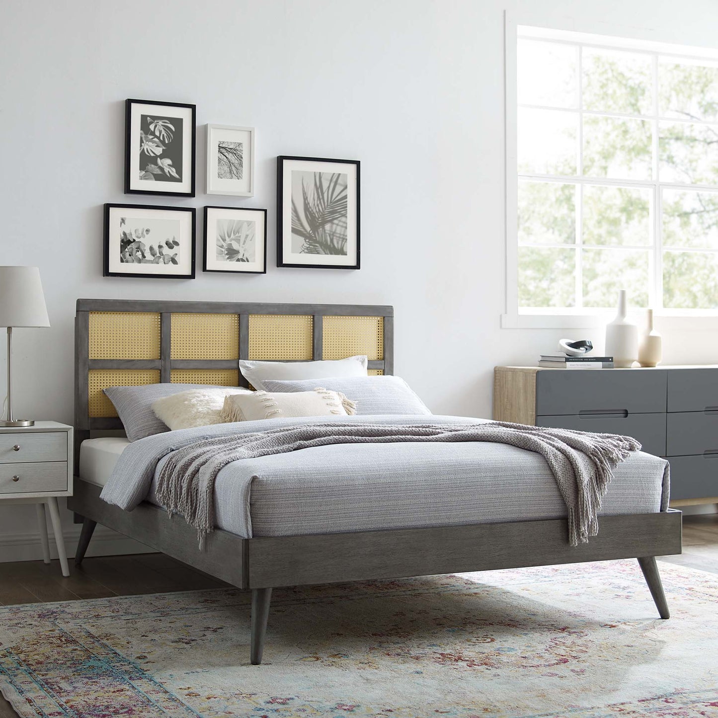 Sidney Cane and Wood Queen Platform Bed With Splayed Legs