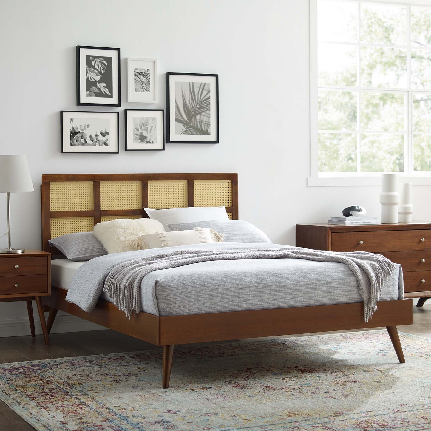 Sidney Cane and Wood Queen Platform Bed With Splayed Legs