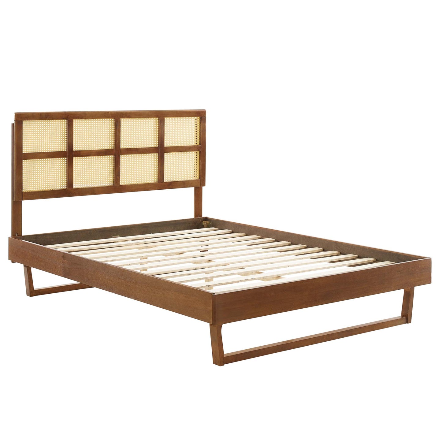 Sidney Cane and Wood Full Platform Bed With Angular Legs