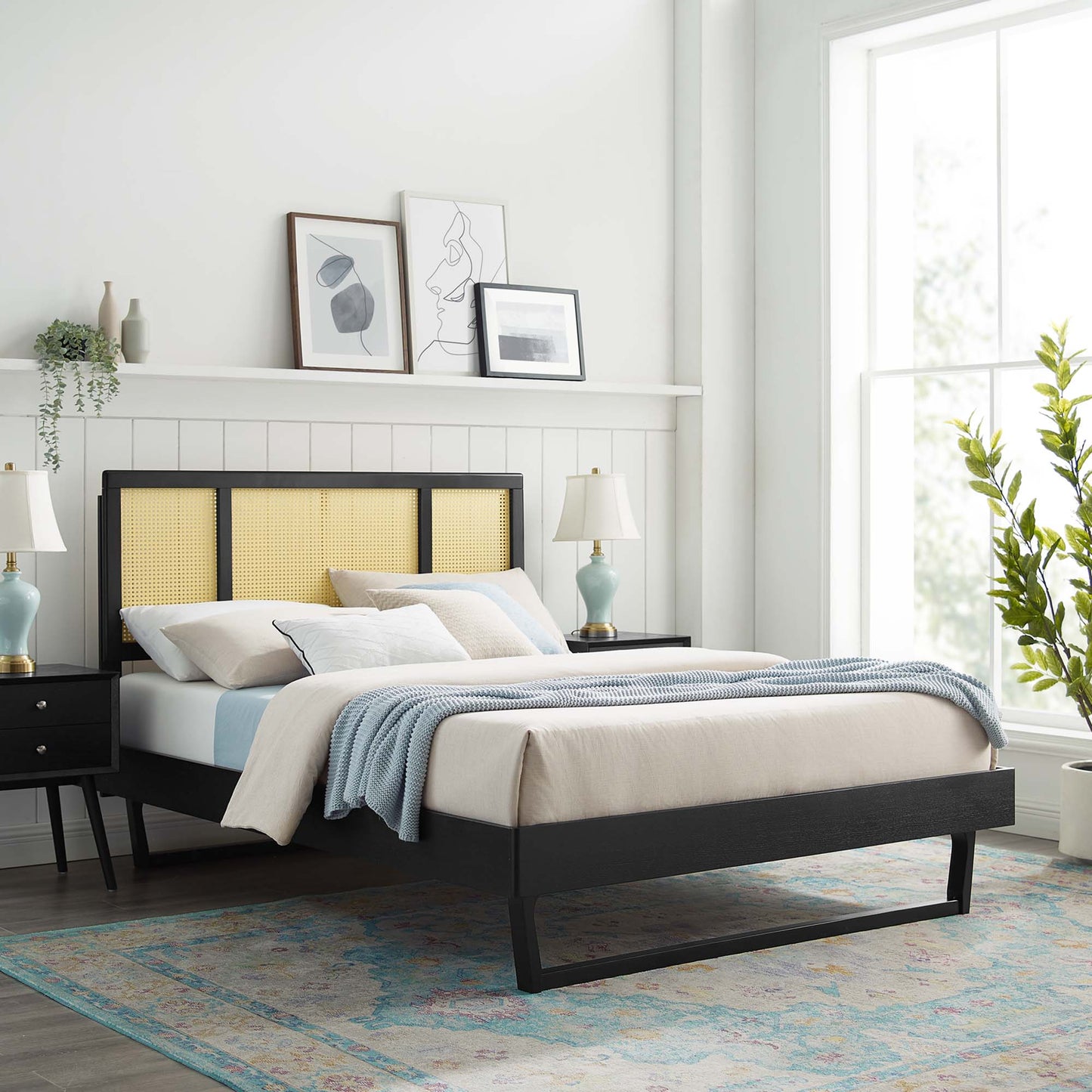 Kelsea Cane and Wood Queen Platform Bed With Angular Legs