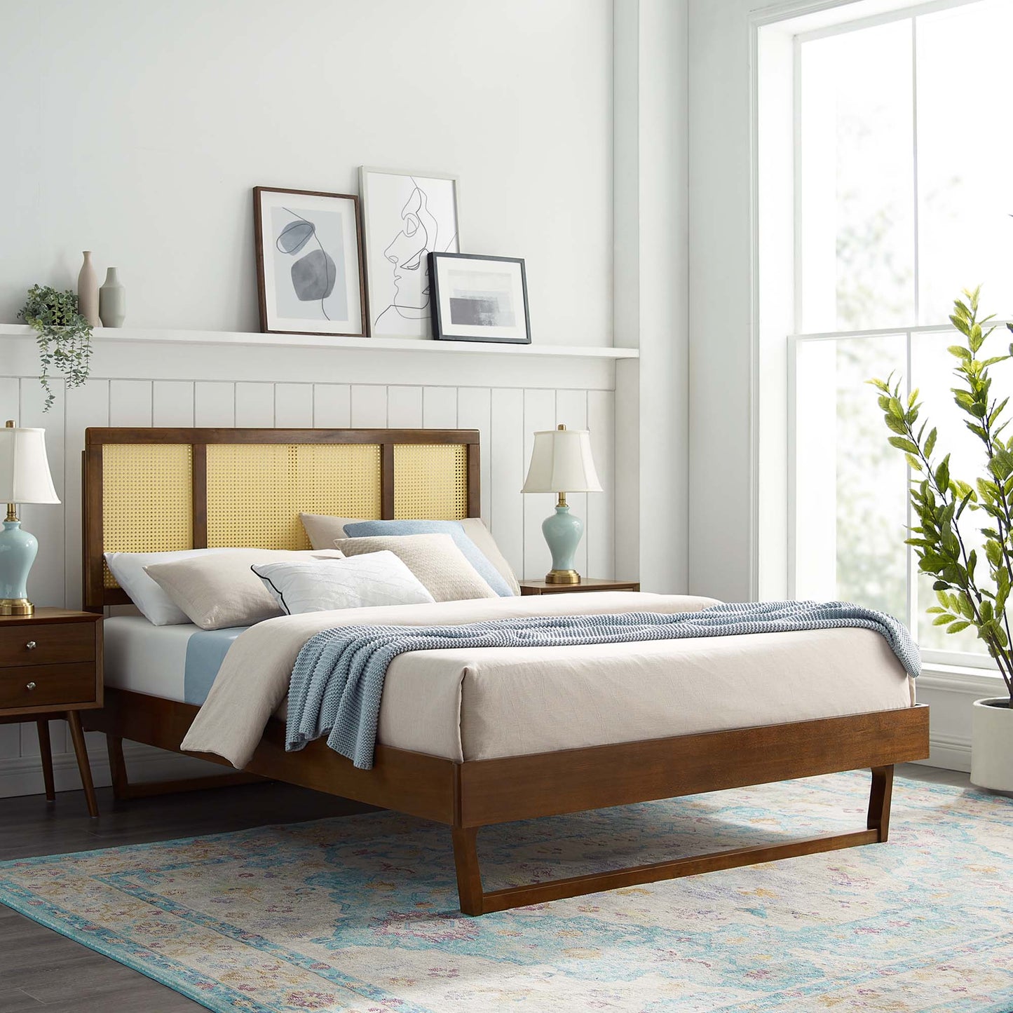 Kelsea Cane and Wood Queen Platform Bed With Angular Legs