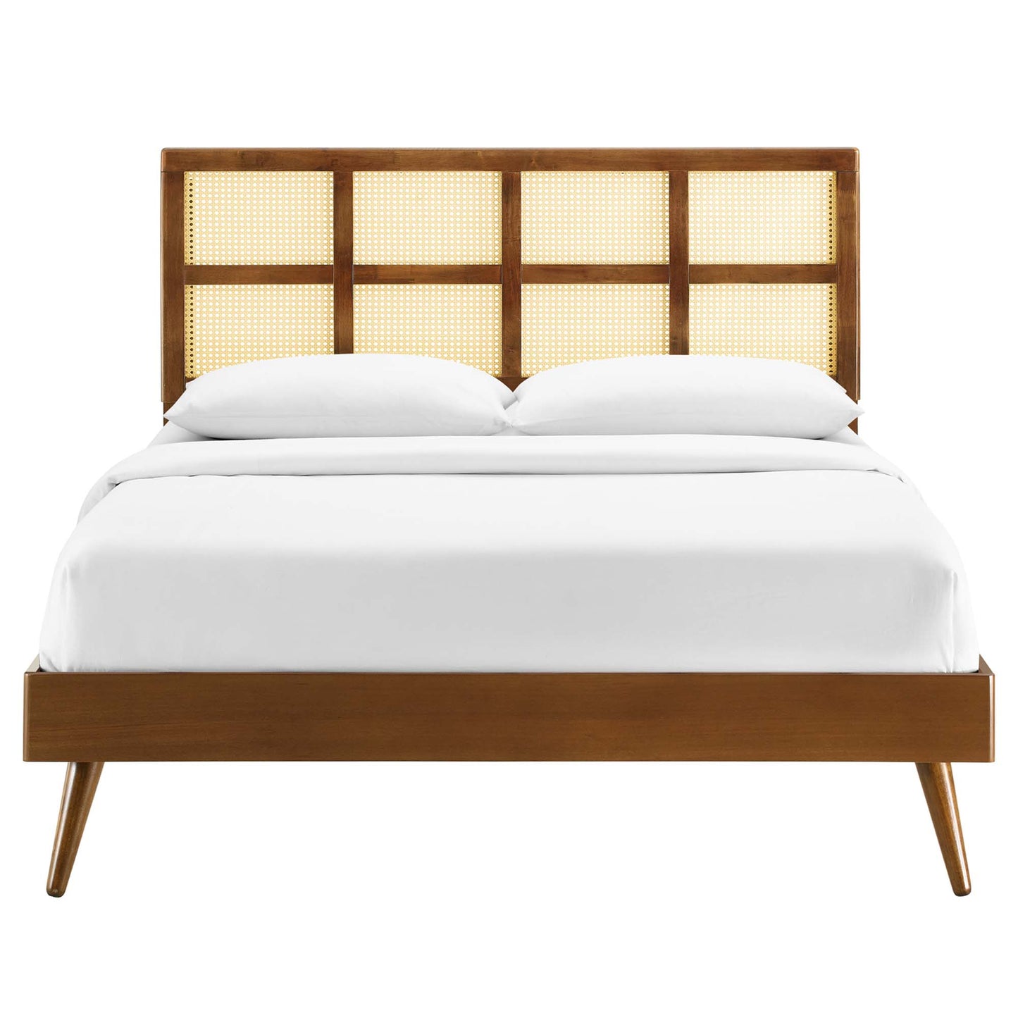 Sidney Cane and Wood Full Platform Bed With Splayed Legs