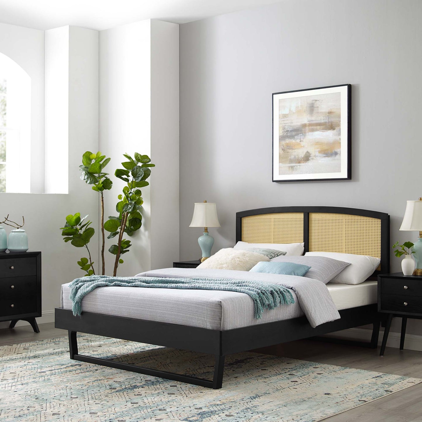 Sierra Cane and Wood Queen Platform Bed With Angular Legs