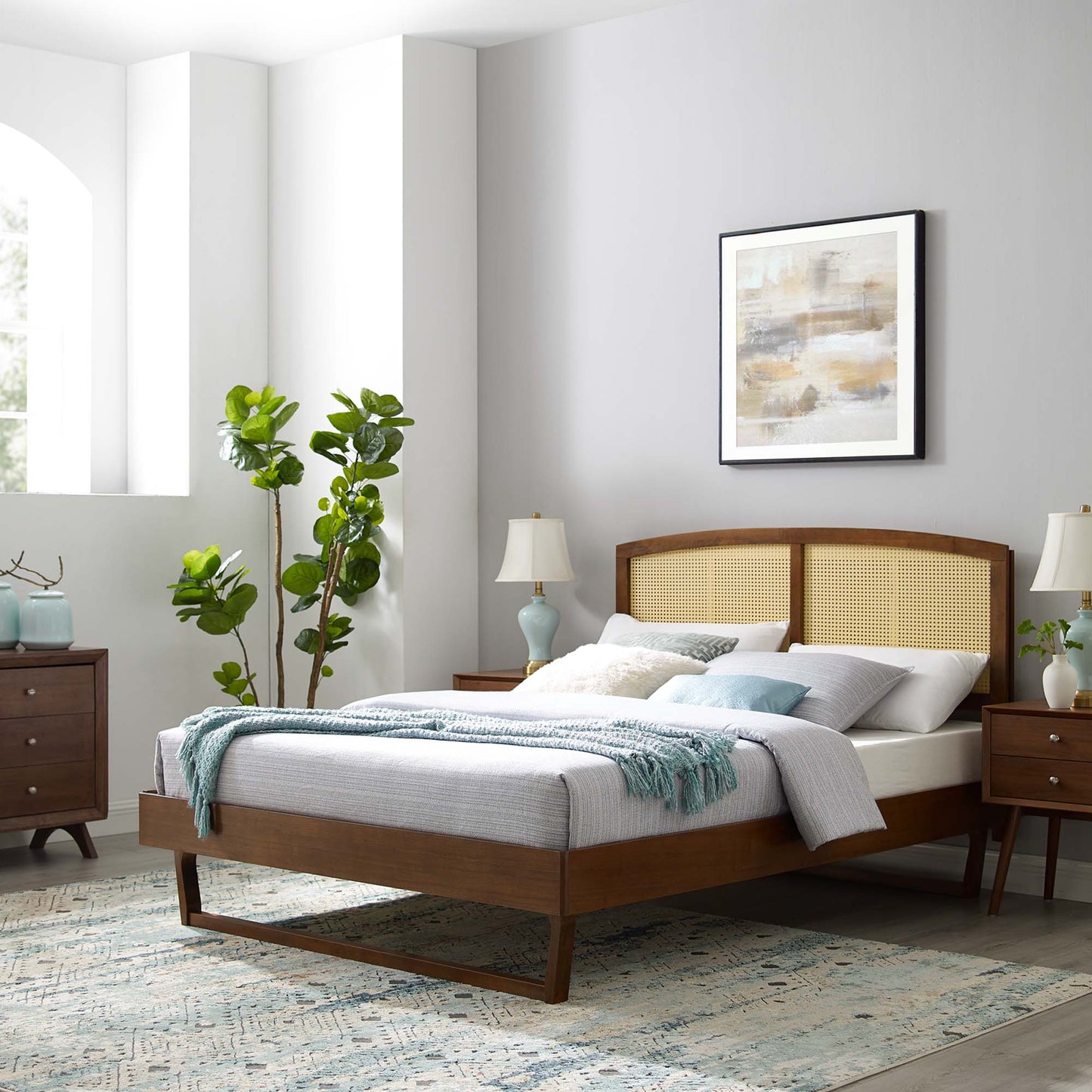 Sierra Cane and Wood Queen Platform Bed With Angular Legs