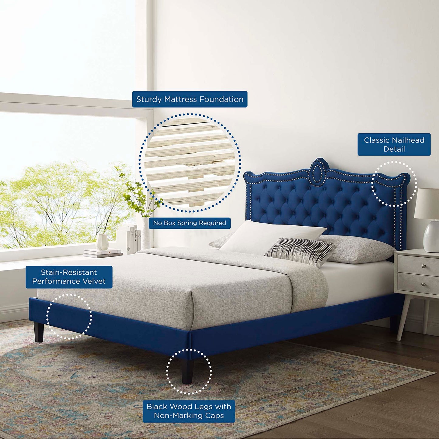 Cama Queen con plataforma de terciopelo Clara Performance de Modway