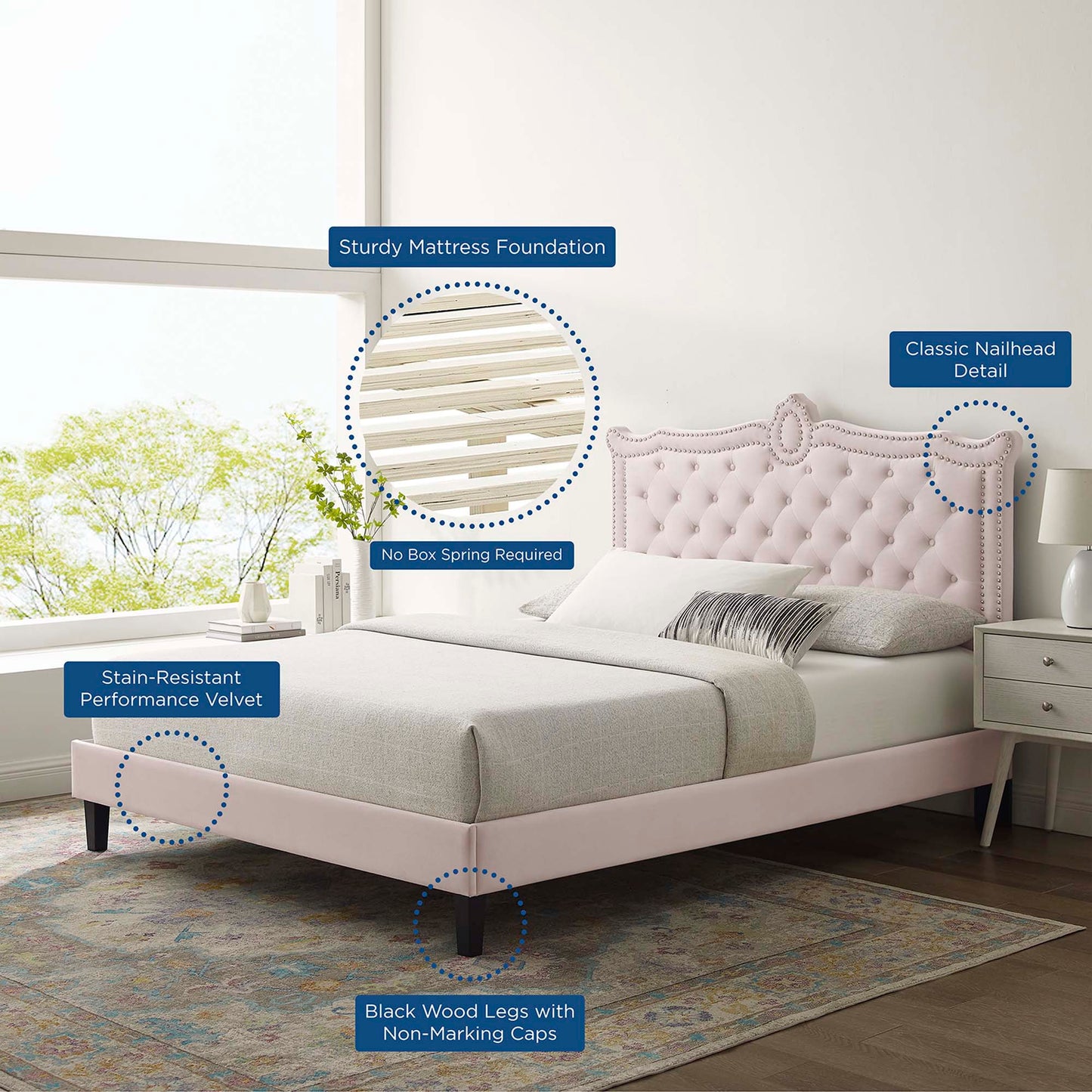 Cama Queen con plataforma de terciopelo Clara Performance de Modway