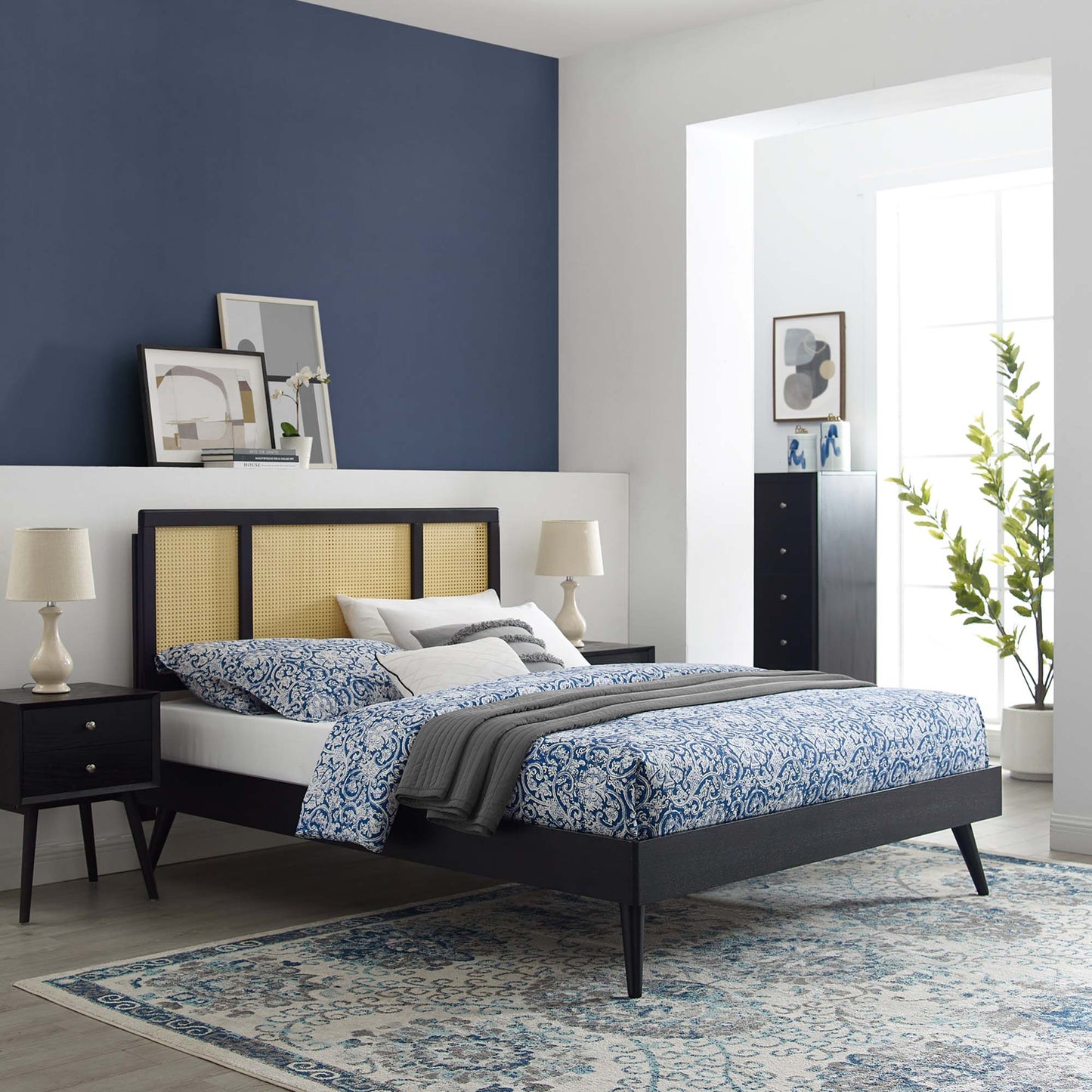 Kelsea Cane and Wood Full Platform Bed With Splayed Legs