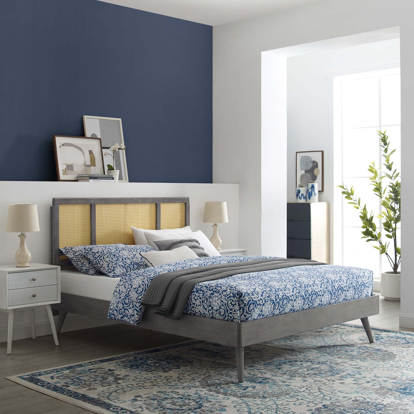 Kelsea Cane and Wood Full Platform Bed With Splayed Legs