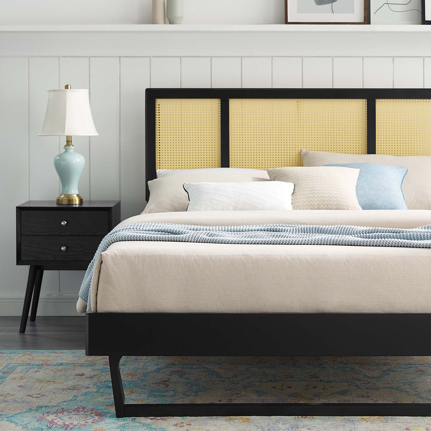 Kelsea Cane and Wood King Platform Bed With Angular Legs