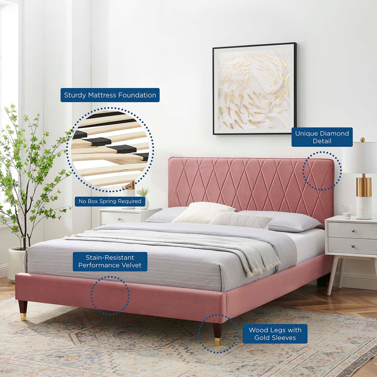 Phillipa Performance Velvet Queen Platform Bed