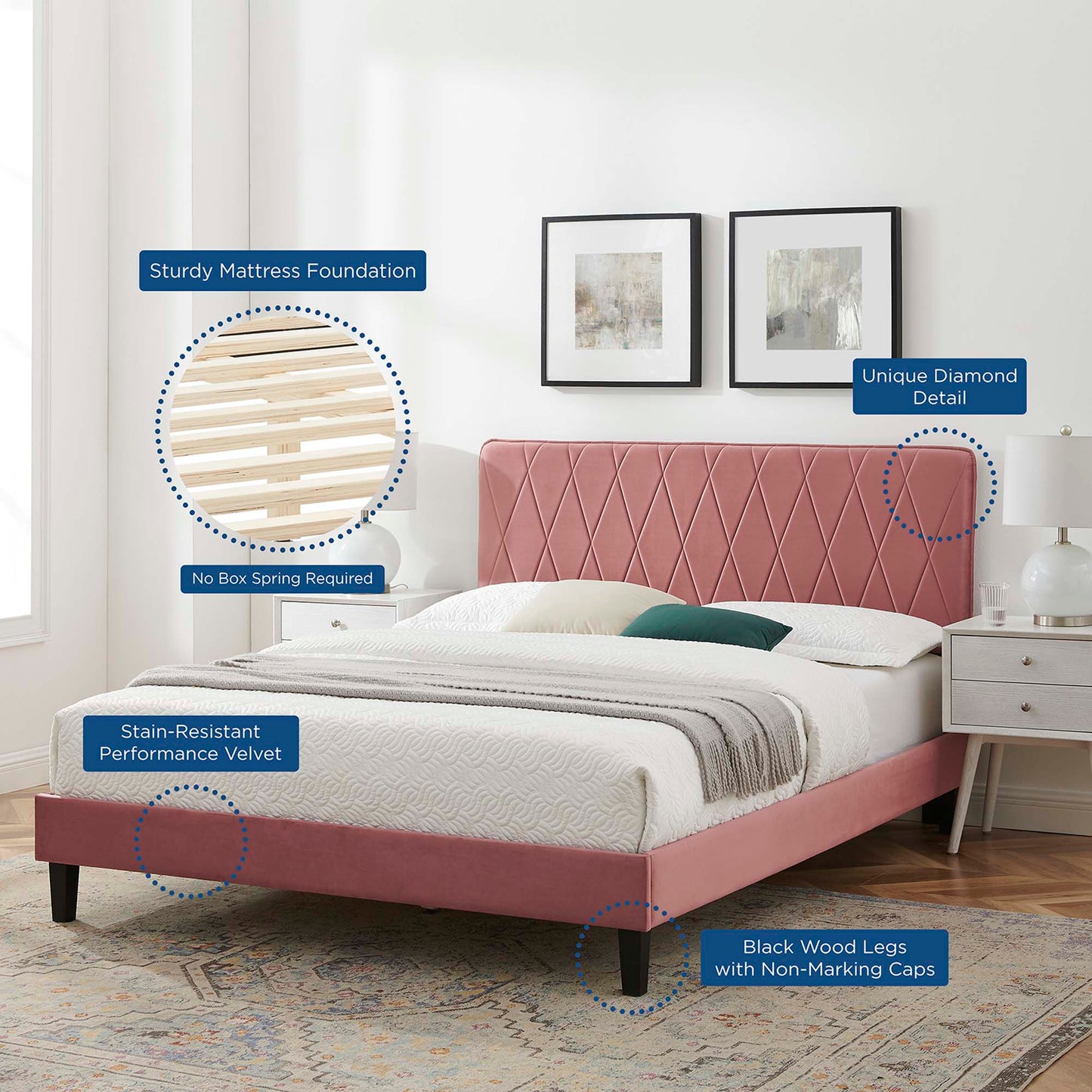 Phillipa Performance Velvet Queen Platform Bed