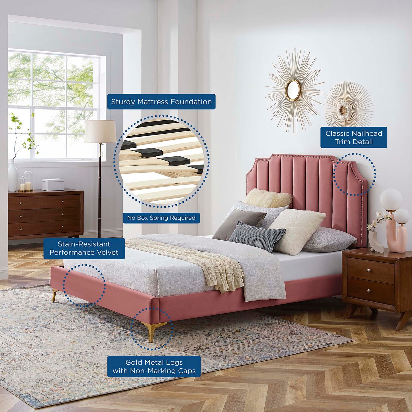 Cama King con plataforma de terciopelo Colette Performance de Modway