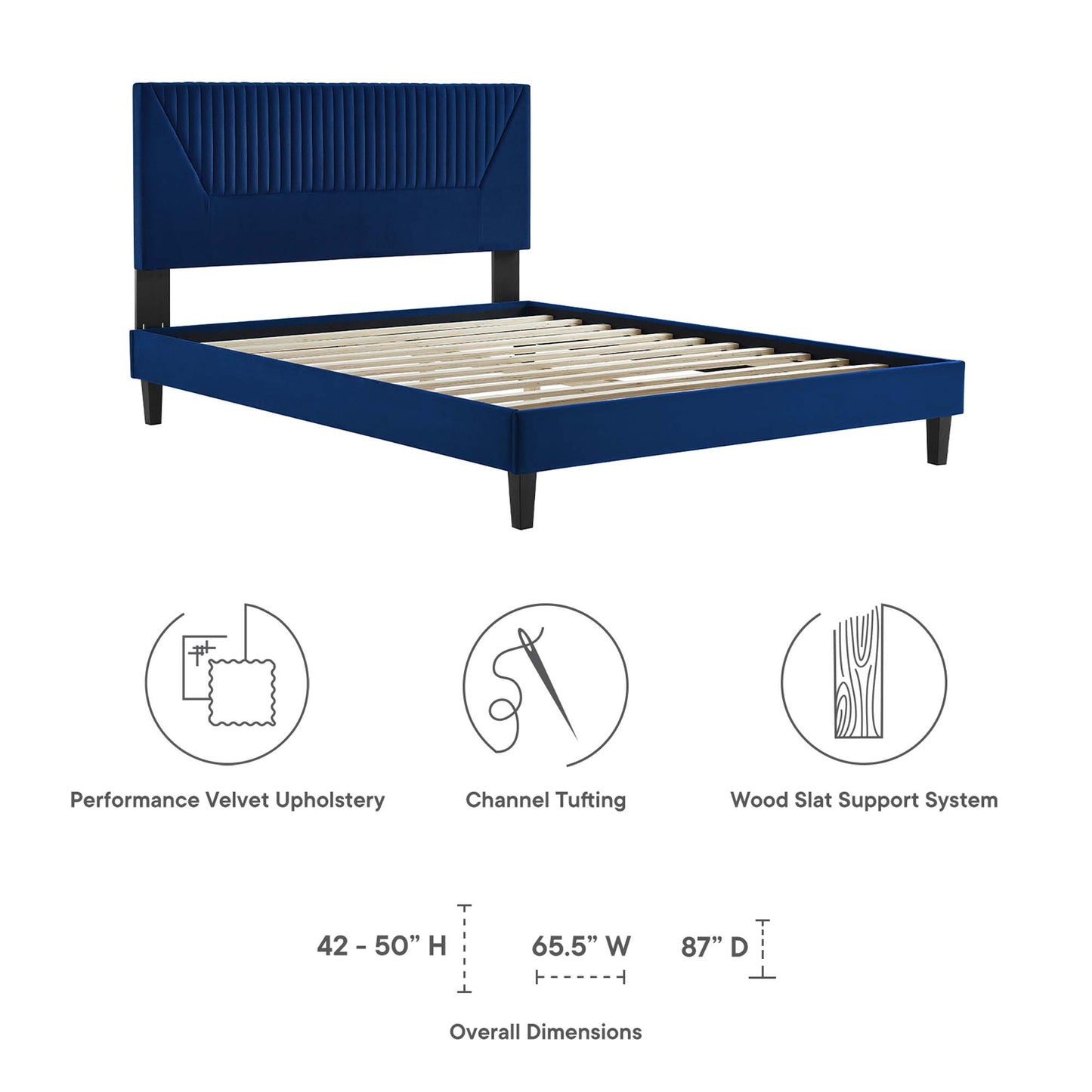 Cama tamaño queen con plataforma de terciopelo con mechones de canal de alto rendimiento Yasmine de Modway