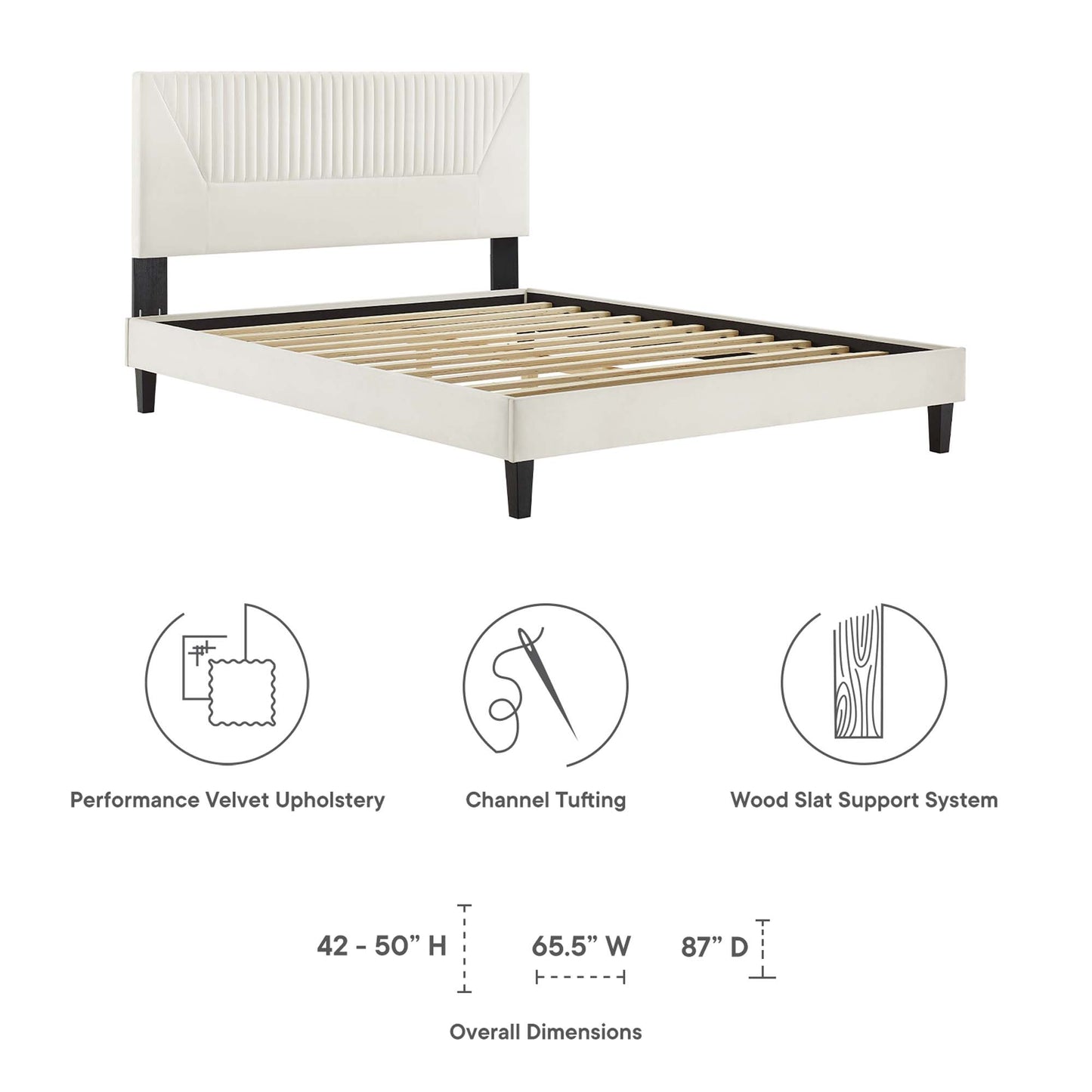 Cama tamaño queen con plataforma de terciopelo con mechones de canal de alto rendimiento Yasmine de Modway