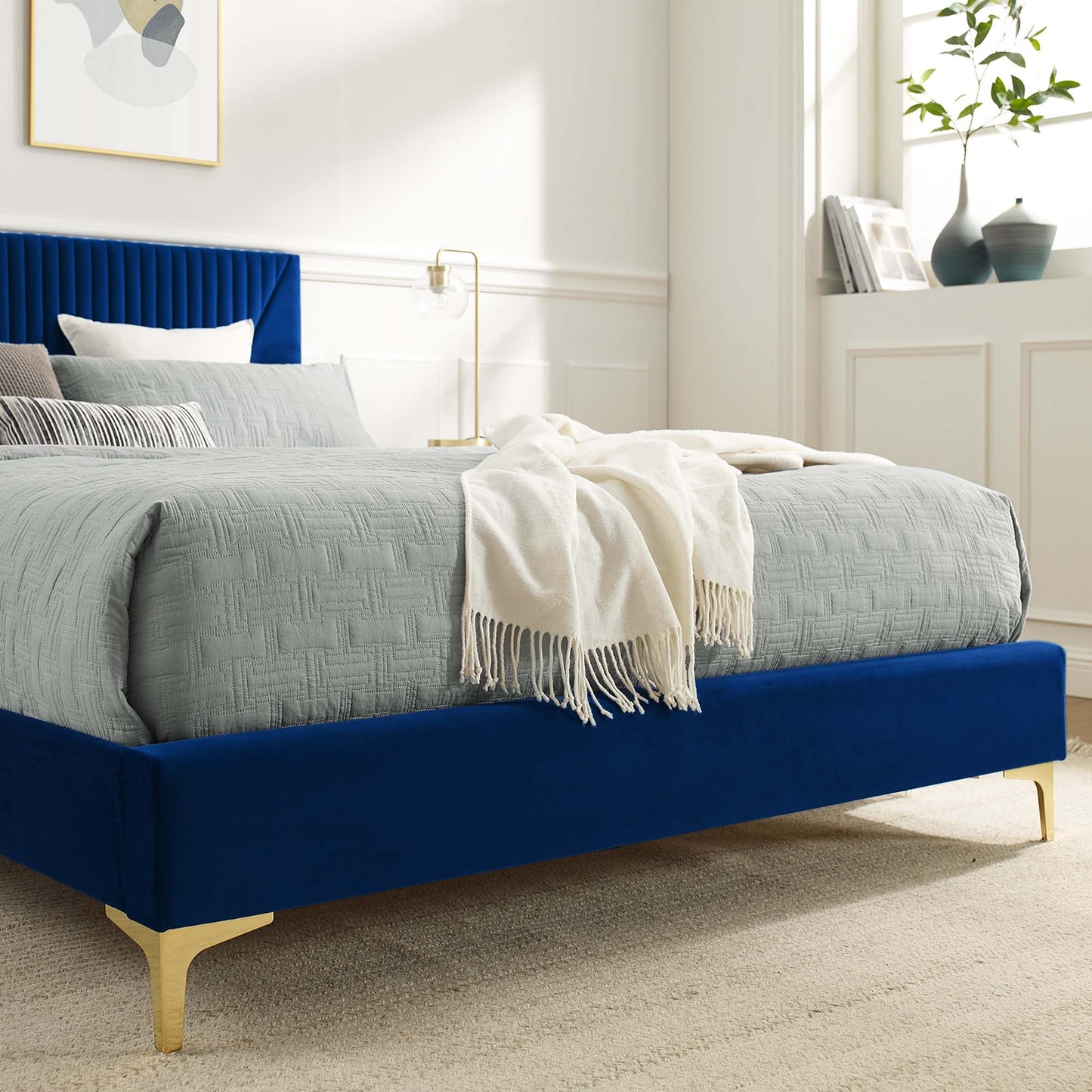 Yasmine Channel Tufted Performance Velvet Queen Platform Bed