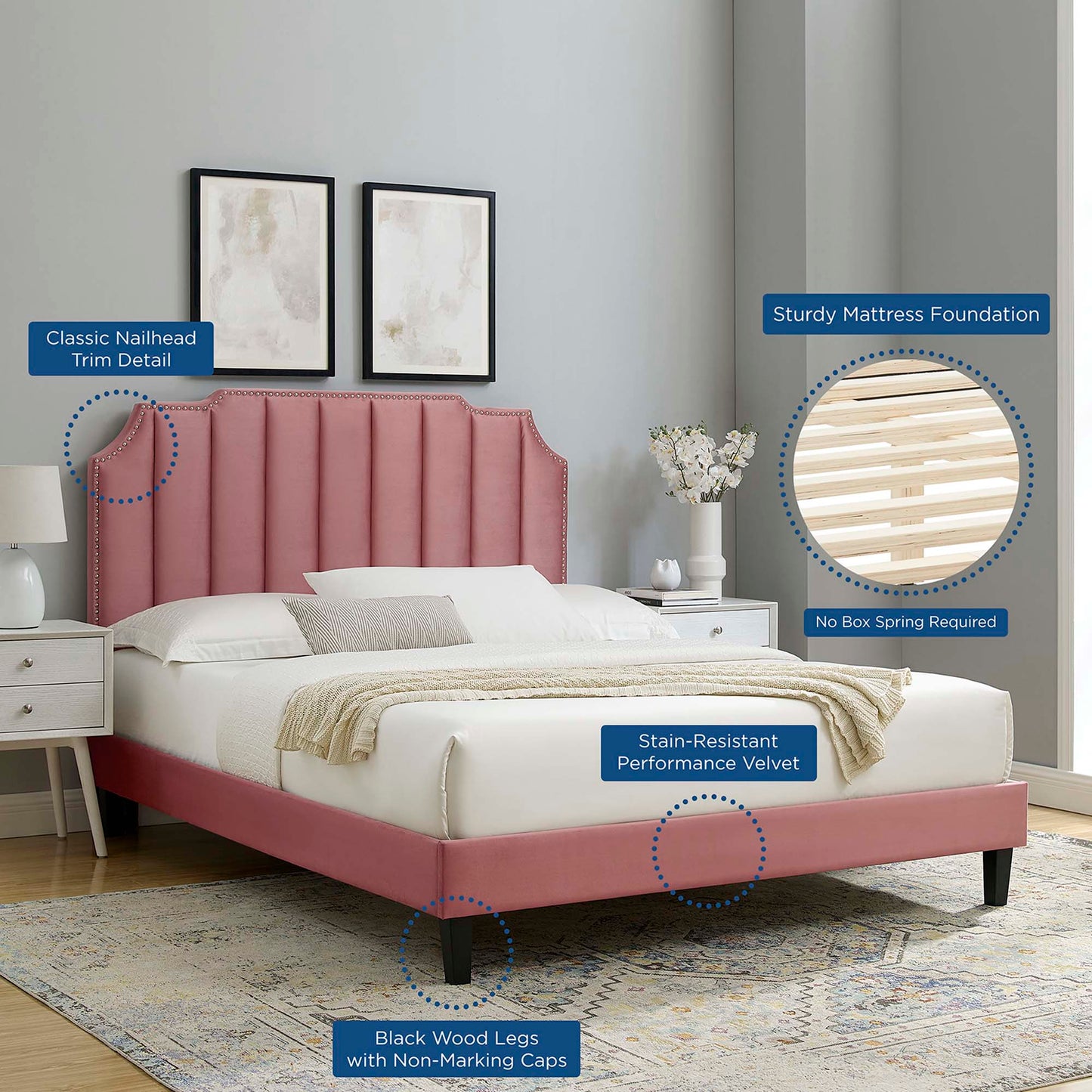 Cama King con plataforma de terciopelo Colette Performance de Modway