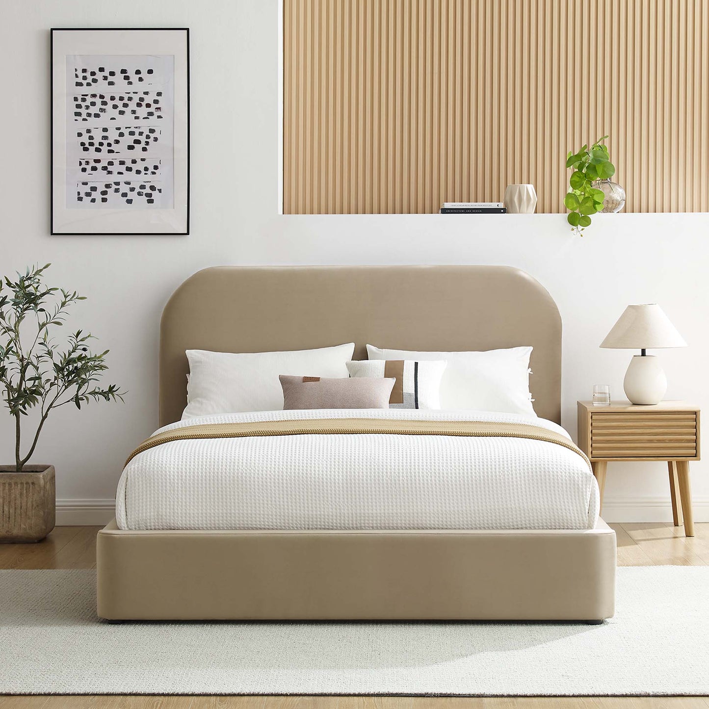 Cama King con plataforma curva de terciopelo Keynote Performance de Modway