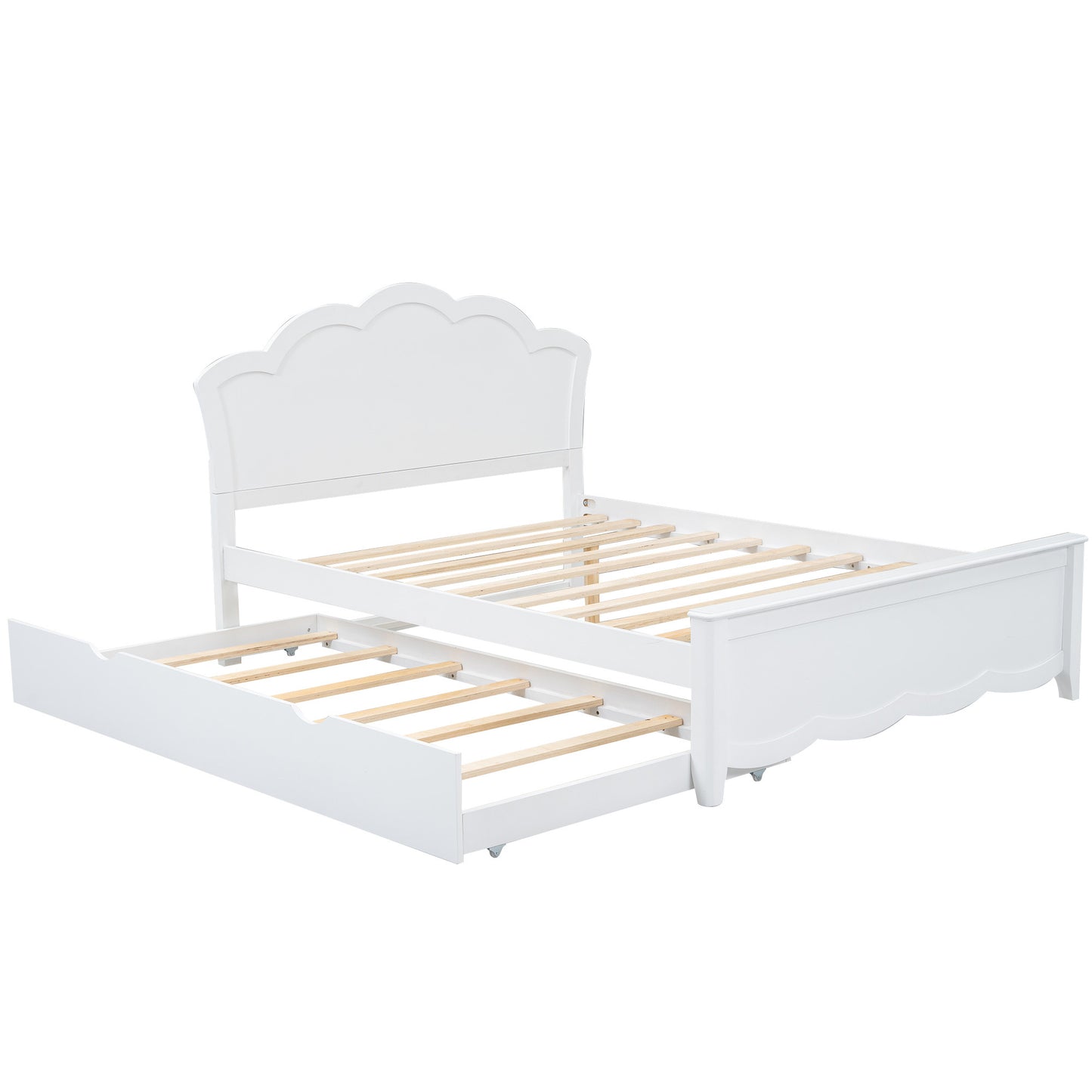 Full Size Wood Platform Bed with Headboard and Twin Size Trundle, White