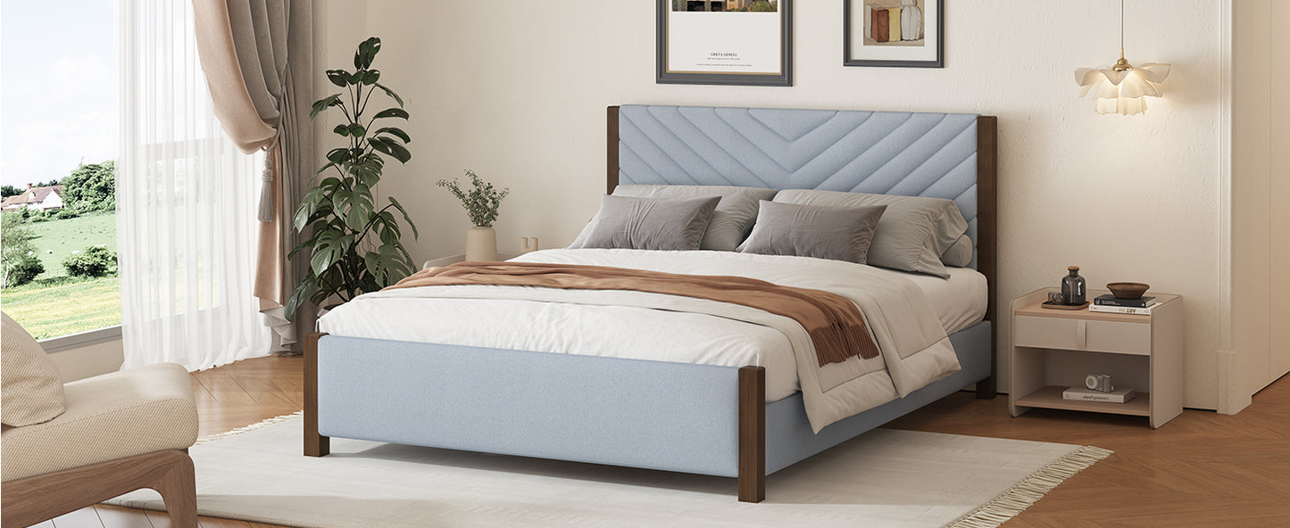 Modern Mid-Century Queen Upholstered Platform Bed Frame with Tufted Headboard and Solid Wood Legs,No Box Spring Needed,Gray