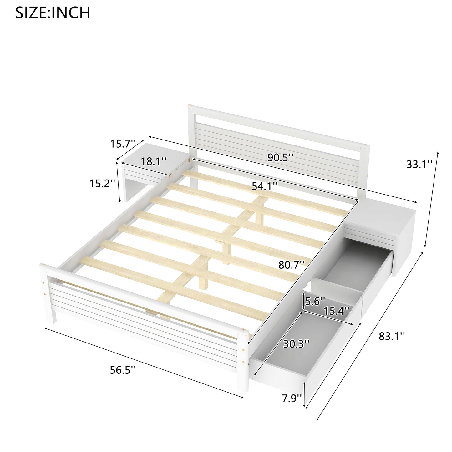 Full Size Wooden Platform Bed with 2 Storage Drawers and 2 bedside tables, White