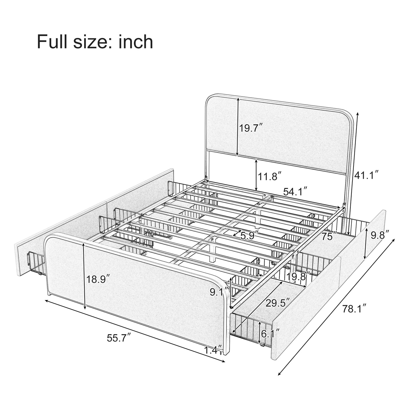 Modern Metal Bed Frame with Curved Upholstered Headboard and Footboard Bed with 4 Storage Drawers, Heavy Duty Metal Slats, Full Size, Grey