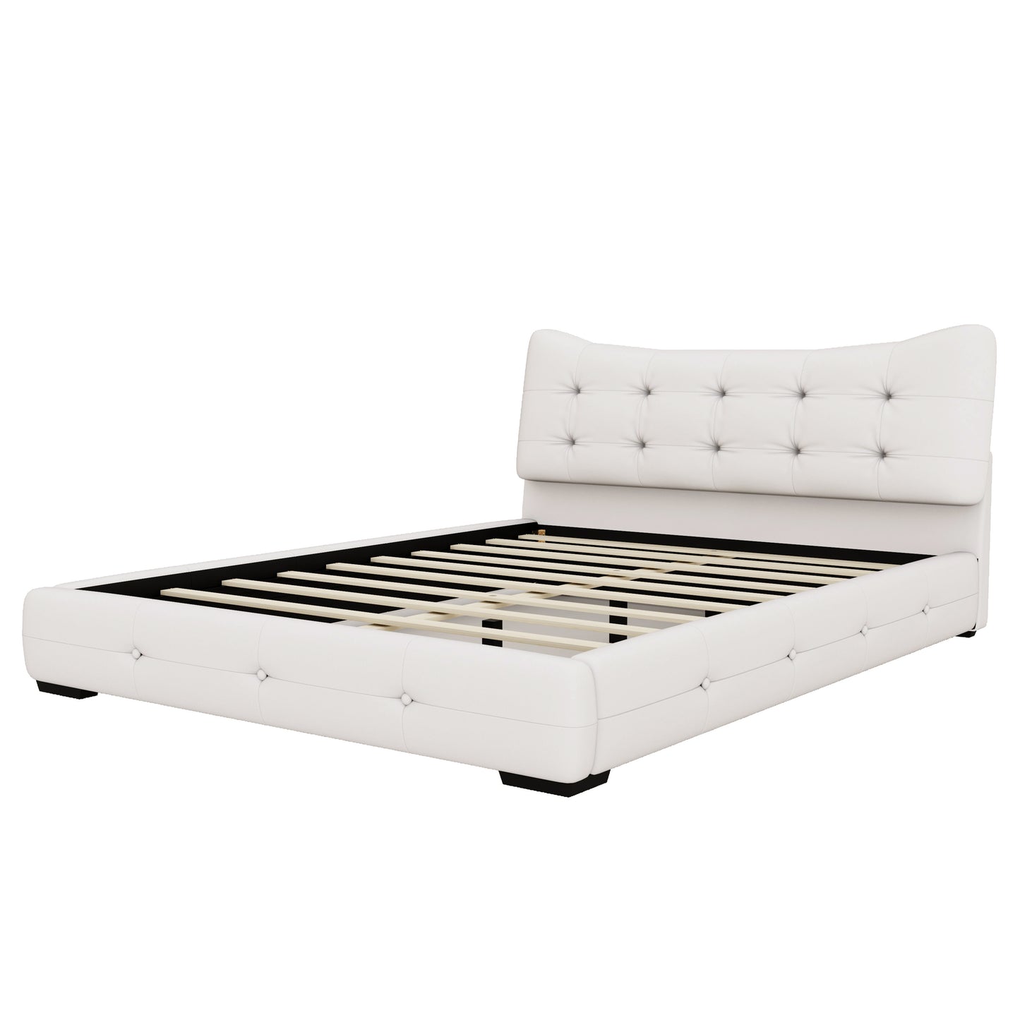 Modern PU Upholstered Queen Bed with Ergonomic Wingback Headboard, No Box Spring Needed, Cream