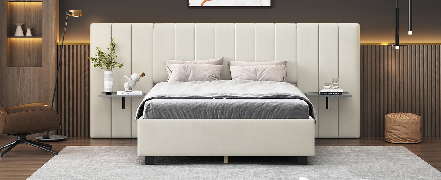 Full Size Upholstered Platform Bed with Big Headboard, Bedroom Furniture, Velvet, Beige