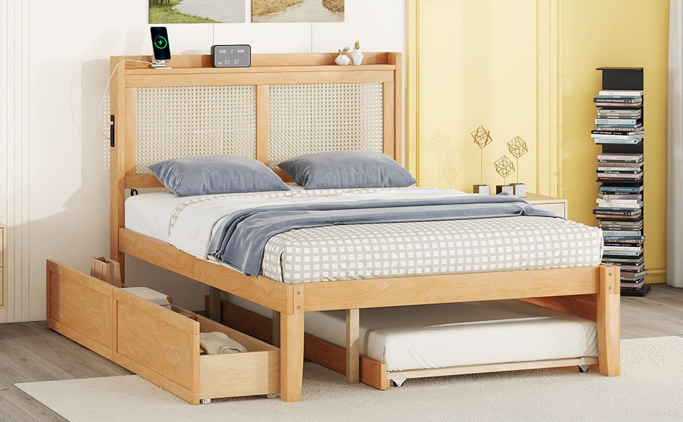 Full Size Elegant Bed Frame with Rattan Headboard and Sockets ,Natural