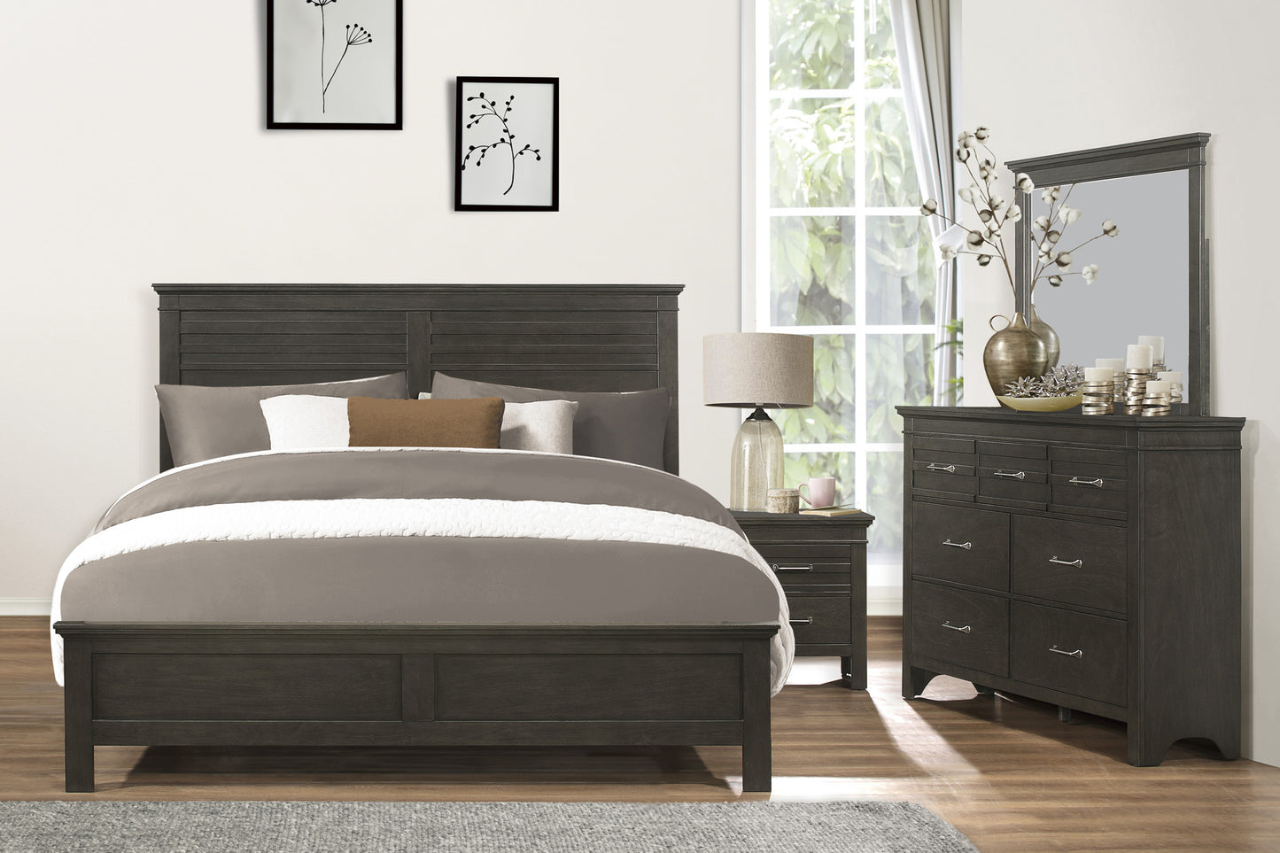 Charcoal Gray Finish Queen Bed 1pc Transitional Style Wooden Bedroom Furniture Panel Bed