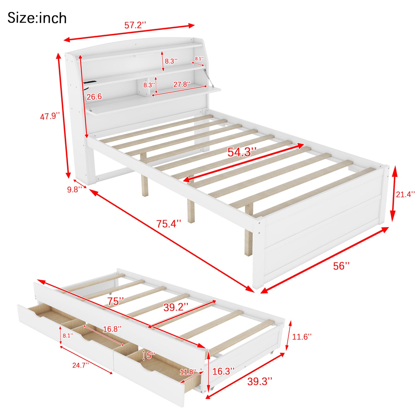 Full Size Wooden LED Platform Bed with Trundle, with Storage Headboard, with Drawers, White