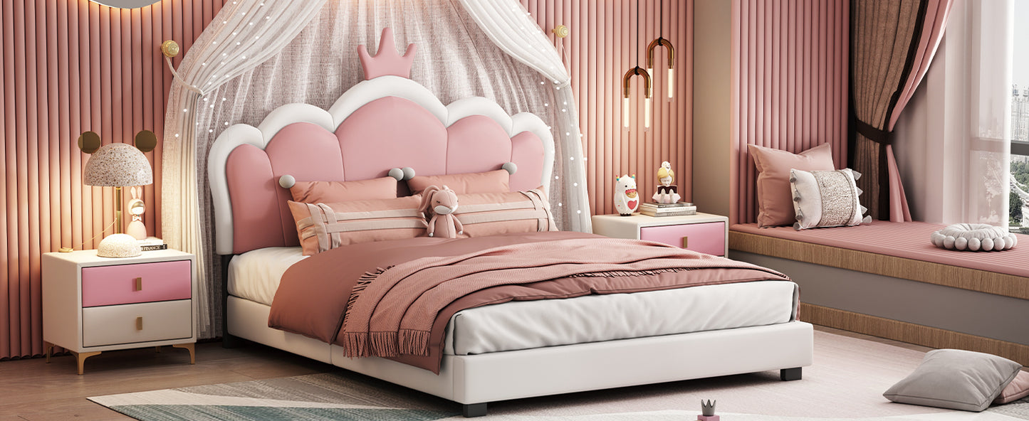 Full size Upholstered Princess Bed With Crown Headboard,Full Size Platform Bed with Headboard and Footboard, White+Pink