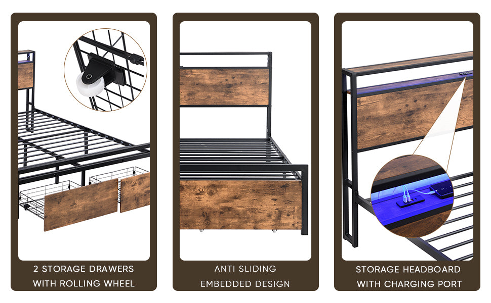 Cadre de lit Queen Size avec tête de lit de rangement et 2 tiroirs, lit à lumières LED avec station de charge, lit plateforme en métal sans bruit, sommier à lattes métalliques solides, aucun sommier nécessaire