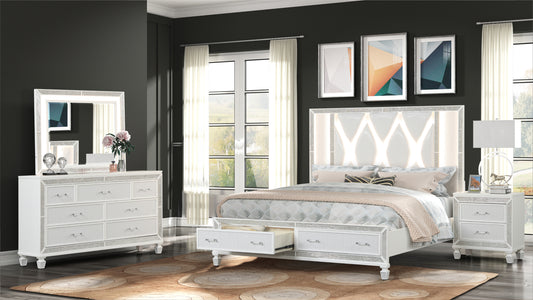 Crystal Queen 4 Pc Storage Wood Bedroom Set Finished in White