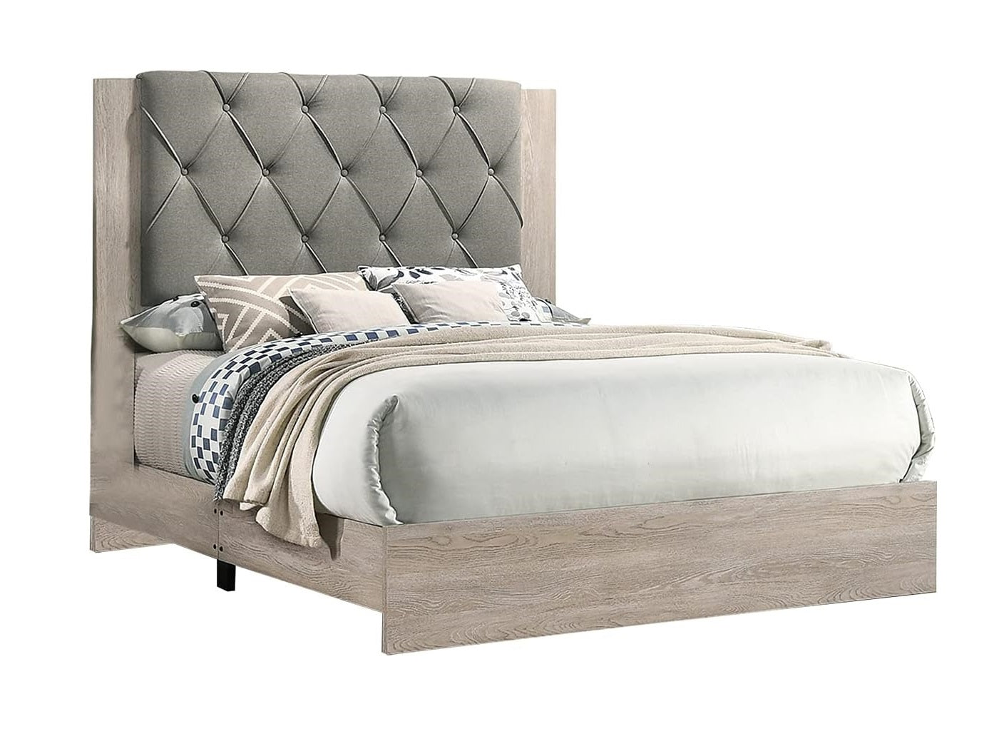 Contemporary 1pc Cream Finish Eastern King Size Bed Bedroom Furniture Gray Tufted Design Headboard Rubberwood 1pc Bedframe