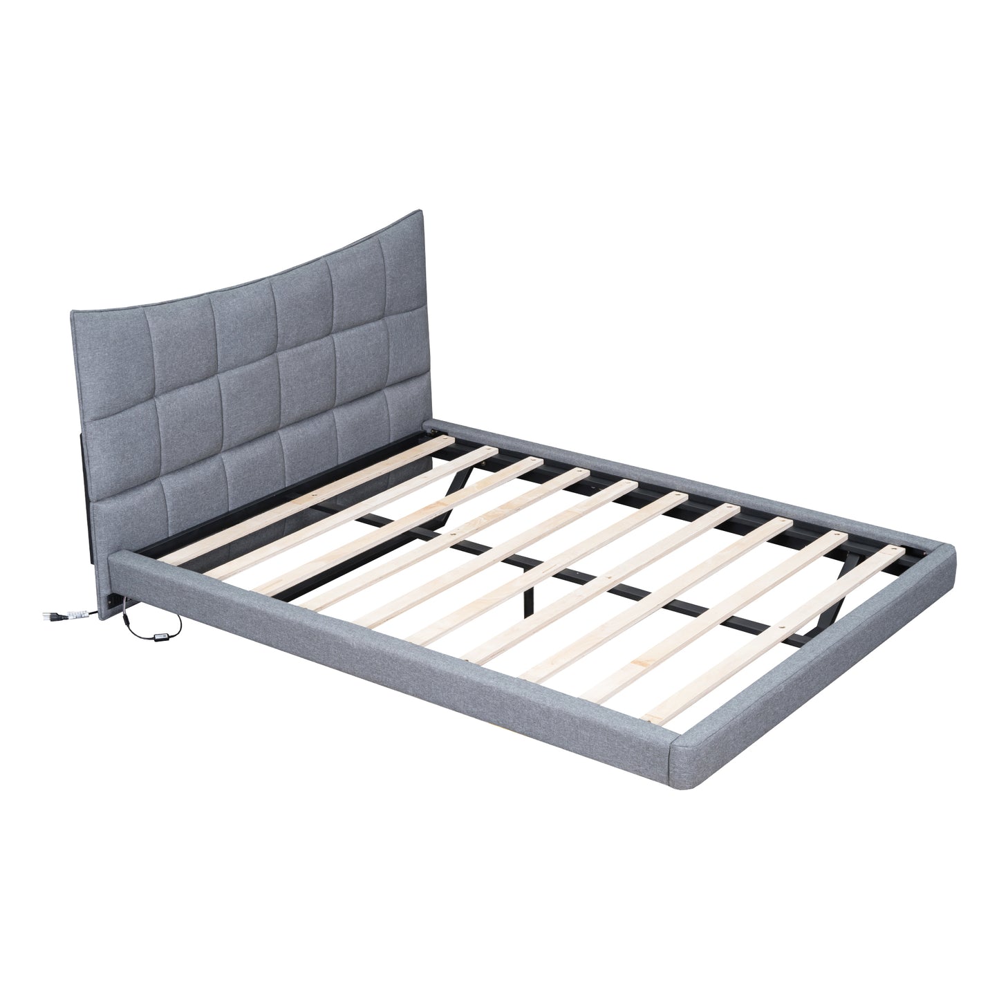 Full Size Upholstered Platform Bed with LED Lights,USB Ports and Outlets,Linen Fabric,Gray