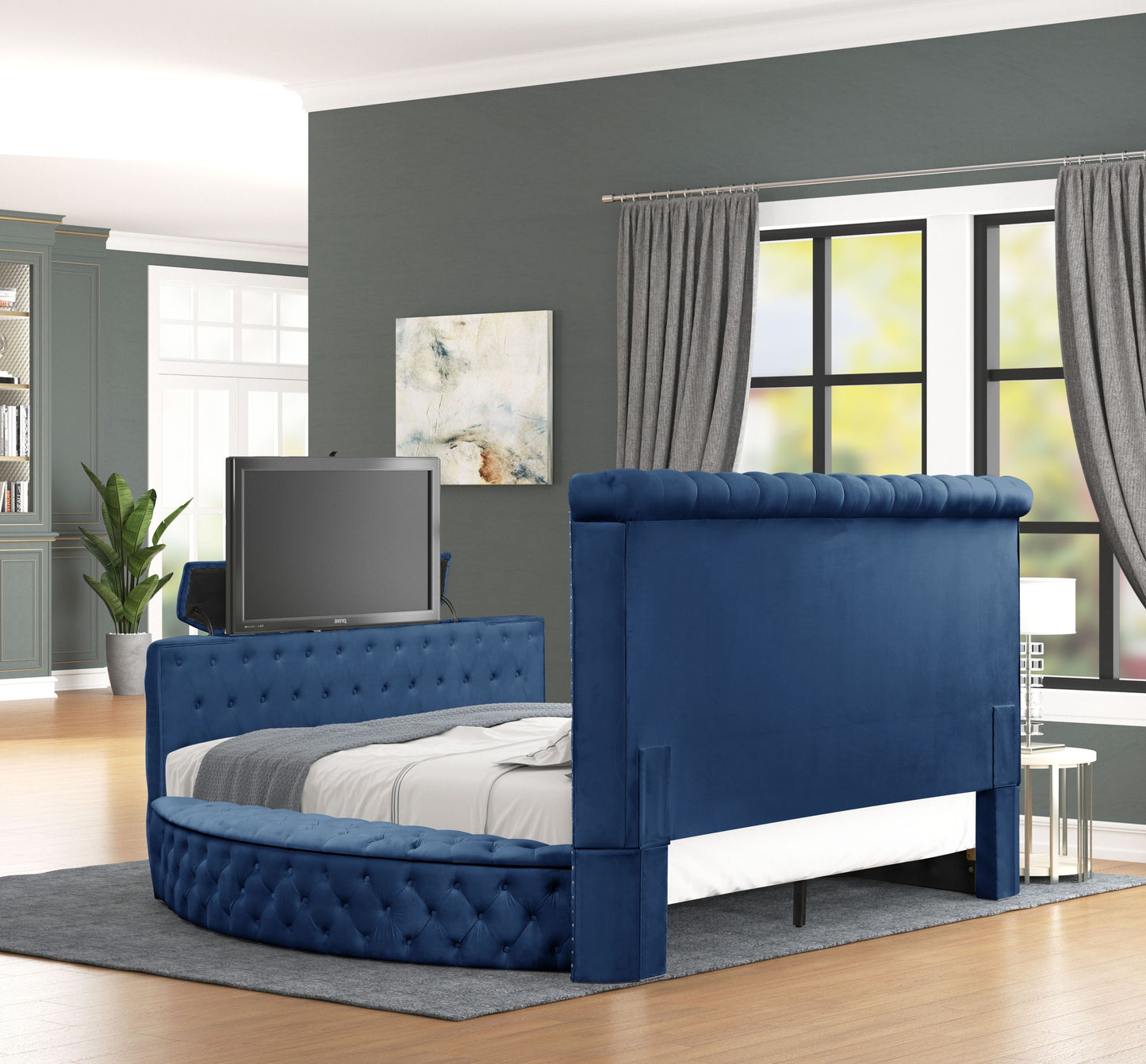 Modern Style Crystal Tufted King Bed Made with wood in Blue