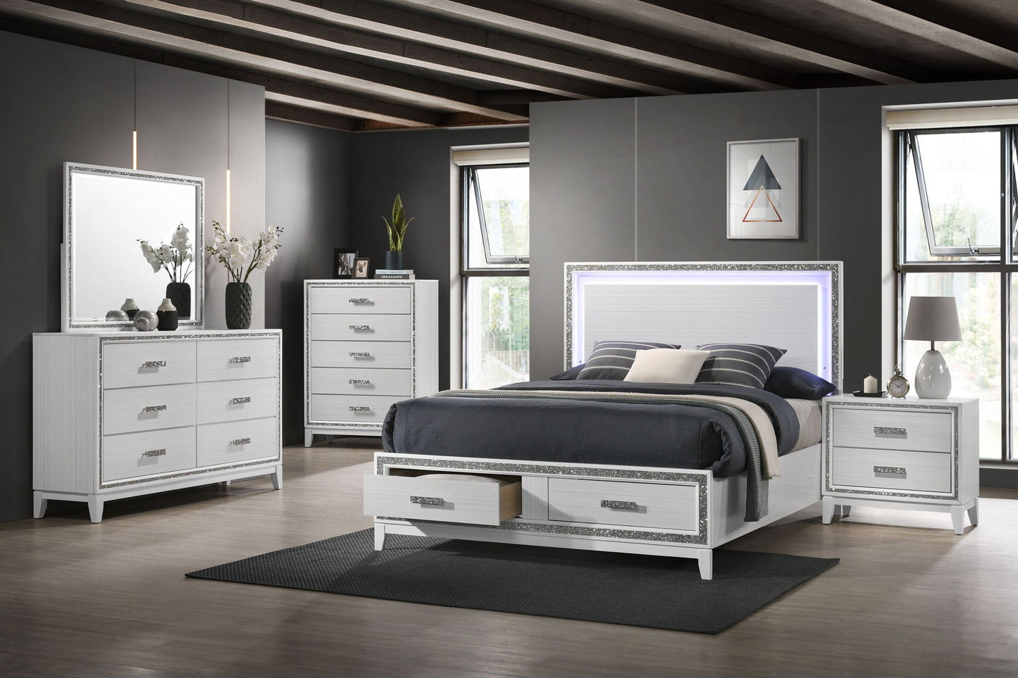 ACME Haiden Eastern King Bed w/Storage, LED & White Finish BD01742EK