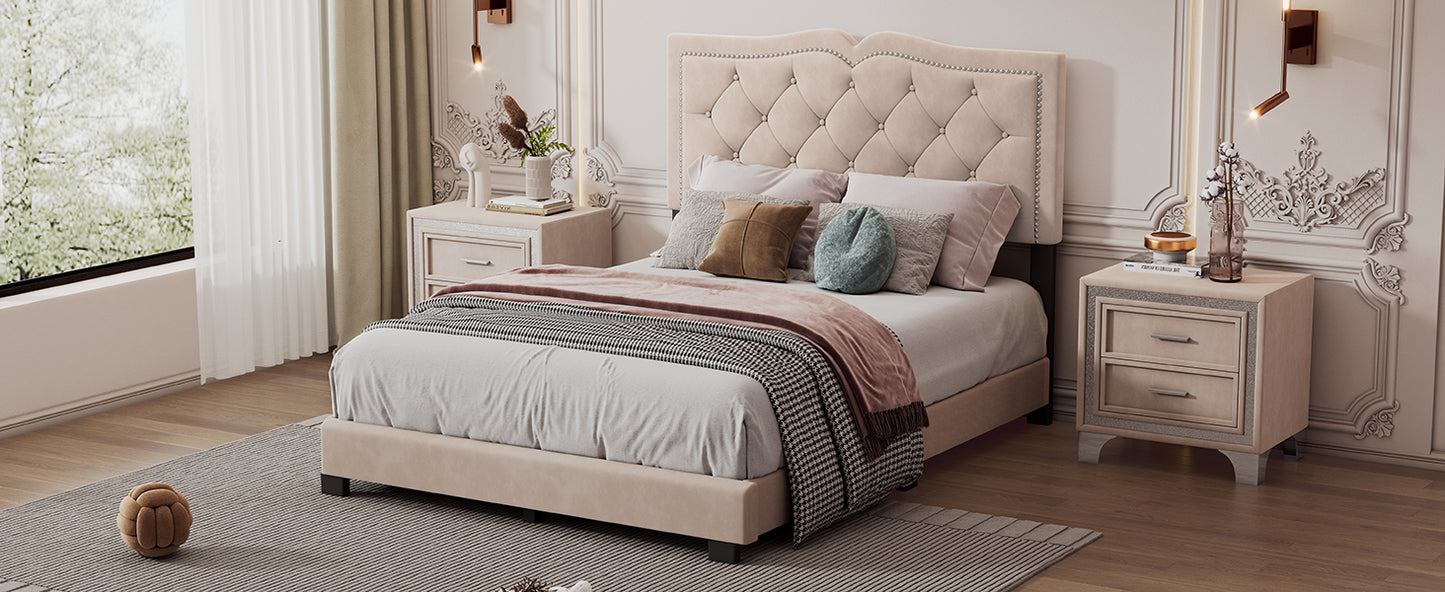 Full Size Upholstered Bed Frame with Rivet Design, Modern Velvet Platform Bed with Tufted Headboard,Beige