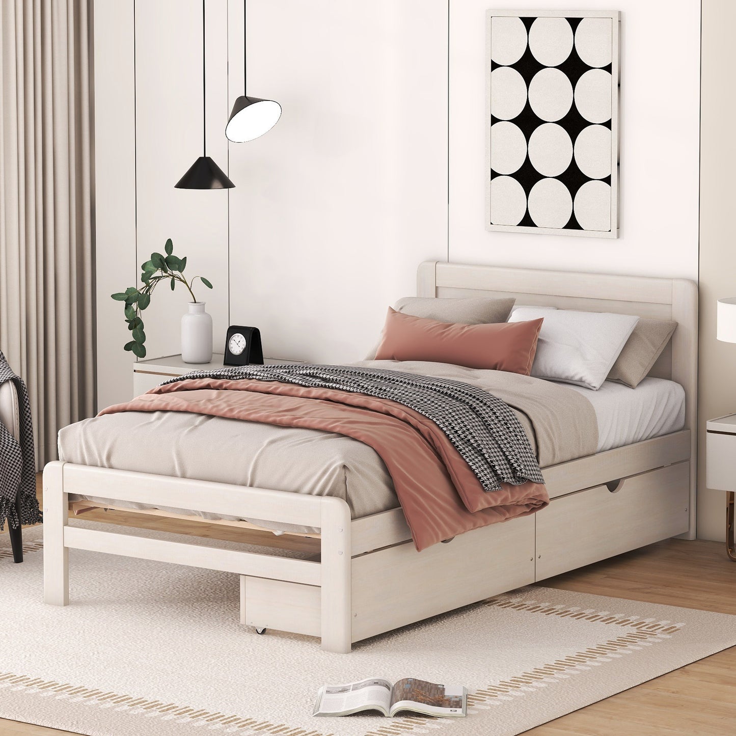 Modern Design Twin Size Platform Bed Frame with 2 Drawers for White Washed Color