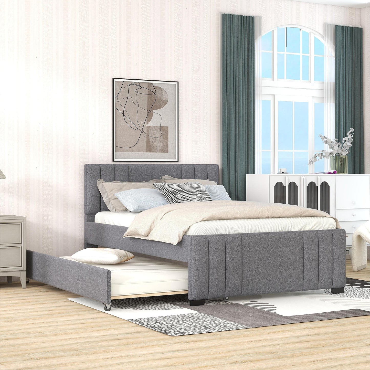 Full Upholstered Platform Bed with Trundle,Grey (OLD SKU:SM001006AAE)