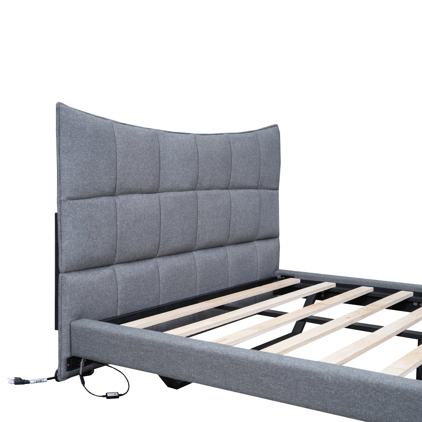 Full Size Upholstered Platform Bed with LED Lights,USB Ports and Outlets,Linen Fabric,Gray