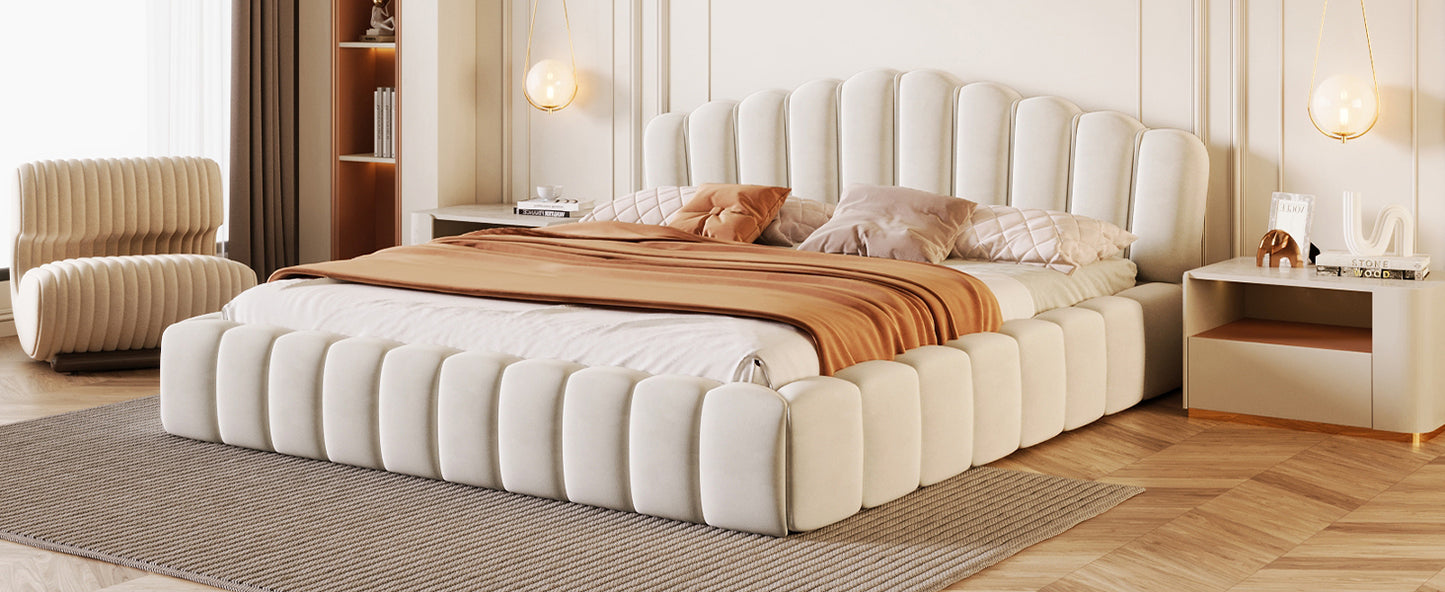 Velvet Upholstered Queen Bed Frame Floor Bed Shell-Shaped Headboard for Bedroom,No Box Spring Needed,Beige