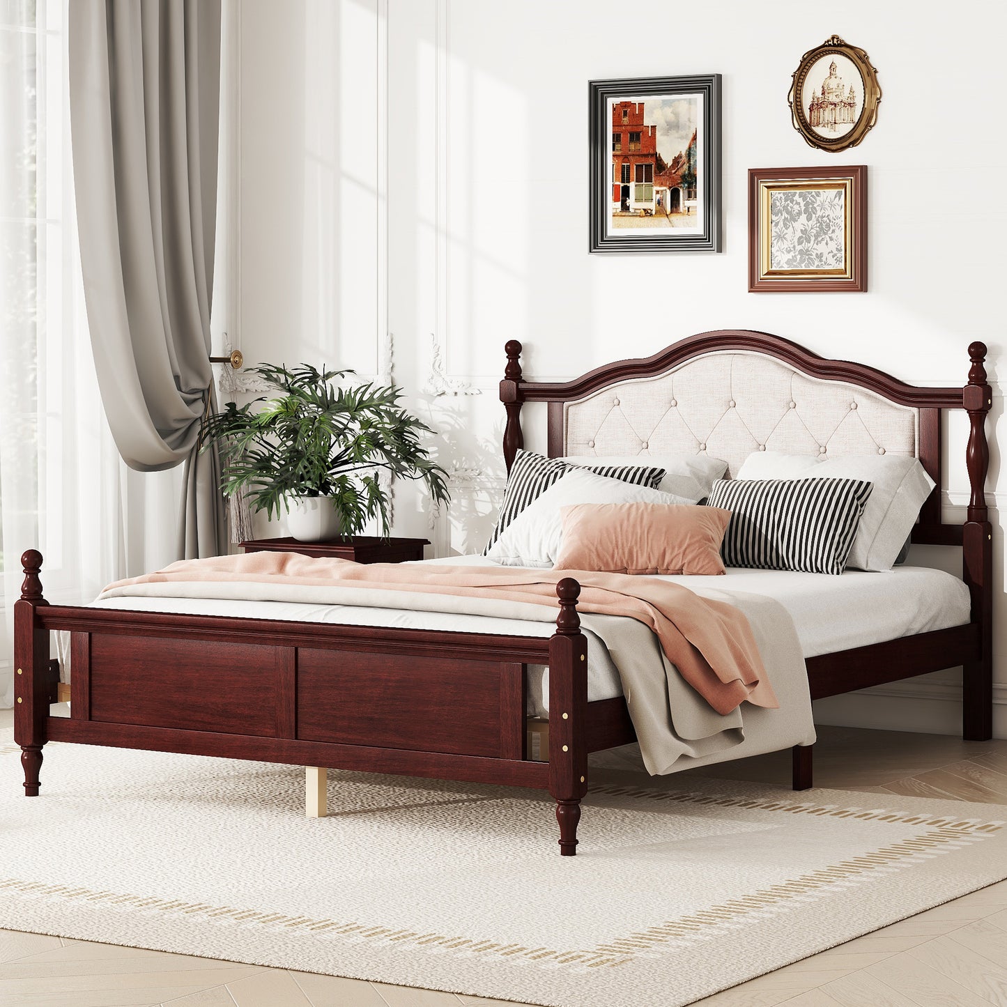 Queen Pine wooden Bed with Upholstered Headboard  and Panel Footboard, with  Two Bed Rail Support Feet and Central Platform Support Feet ,Classic Cherry