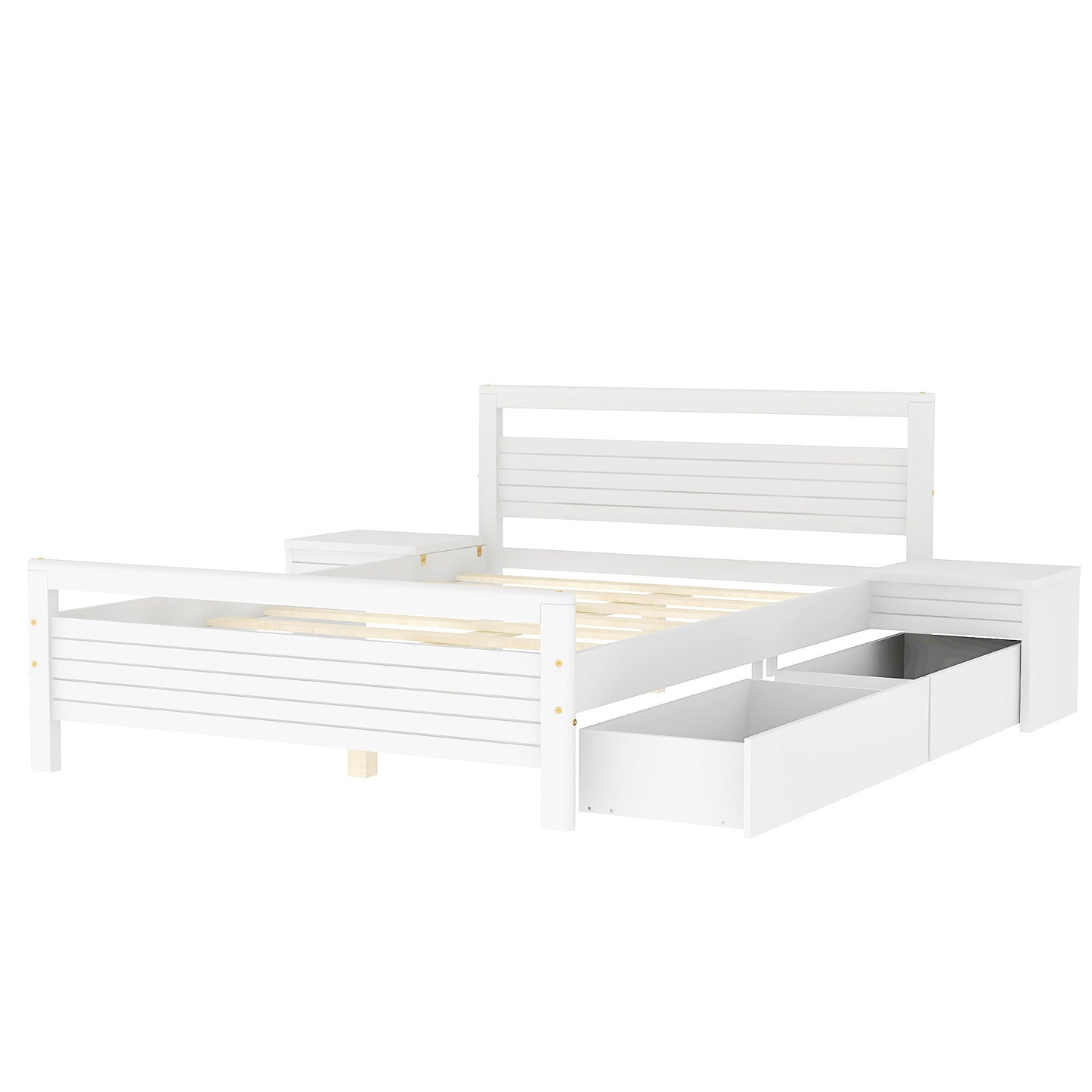 Full Size Wooden Platform Bed with 2 Storage Drawers and 2 bedside tables, White